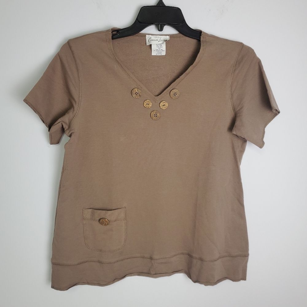 Vintage Lagenlook Brown Short Sleeve V-Neck T-Shirt Size Medium